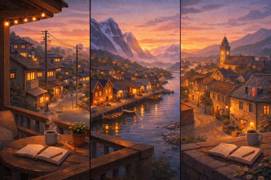 My Own Piece of Somewhere — concept art: cozy village at dusk