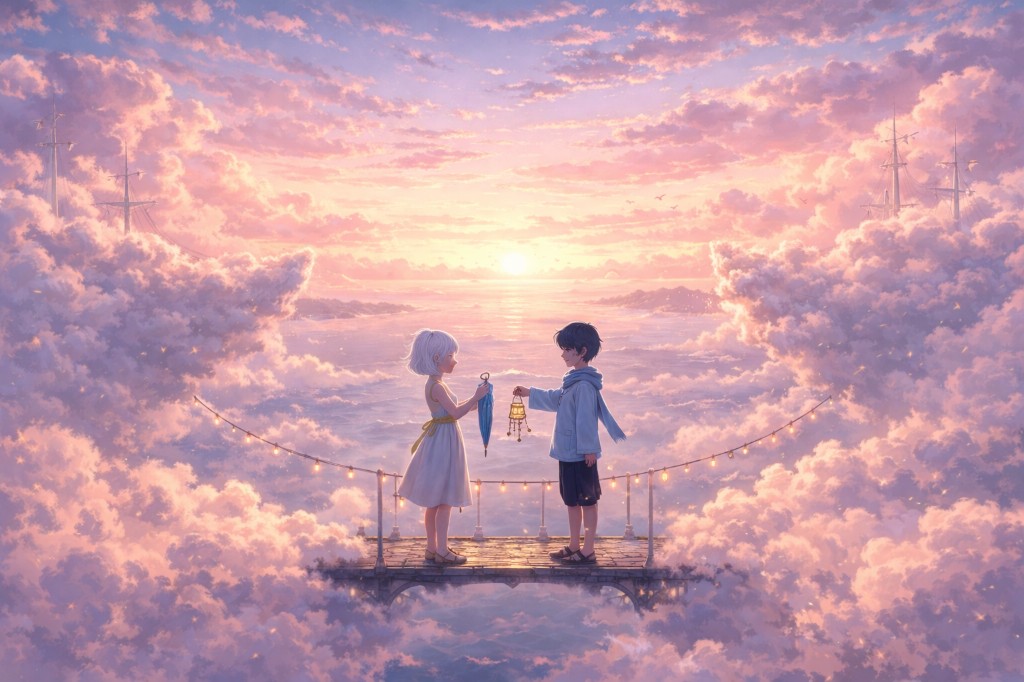 Teru — concept art: two caretakers on a floating platform in the sky