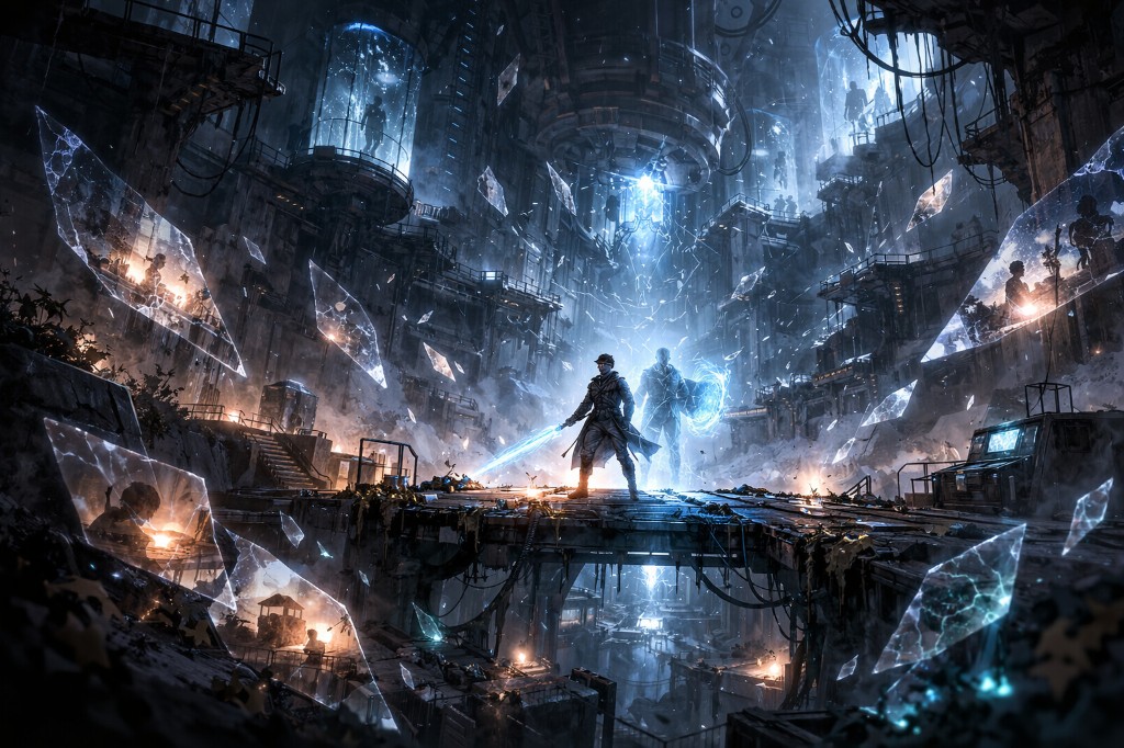 Vestige — concept art: fractured cityscape and glowing figures