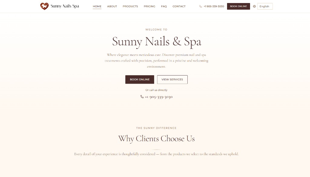 Sunny Nails Spa homepage hero section